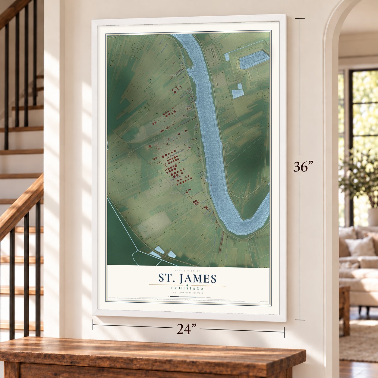 St. James, Louisiana map, 24 x 36 inch print in a white frame by a staircase