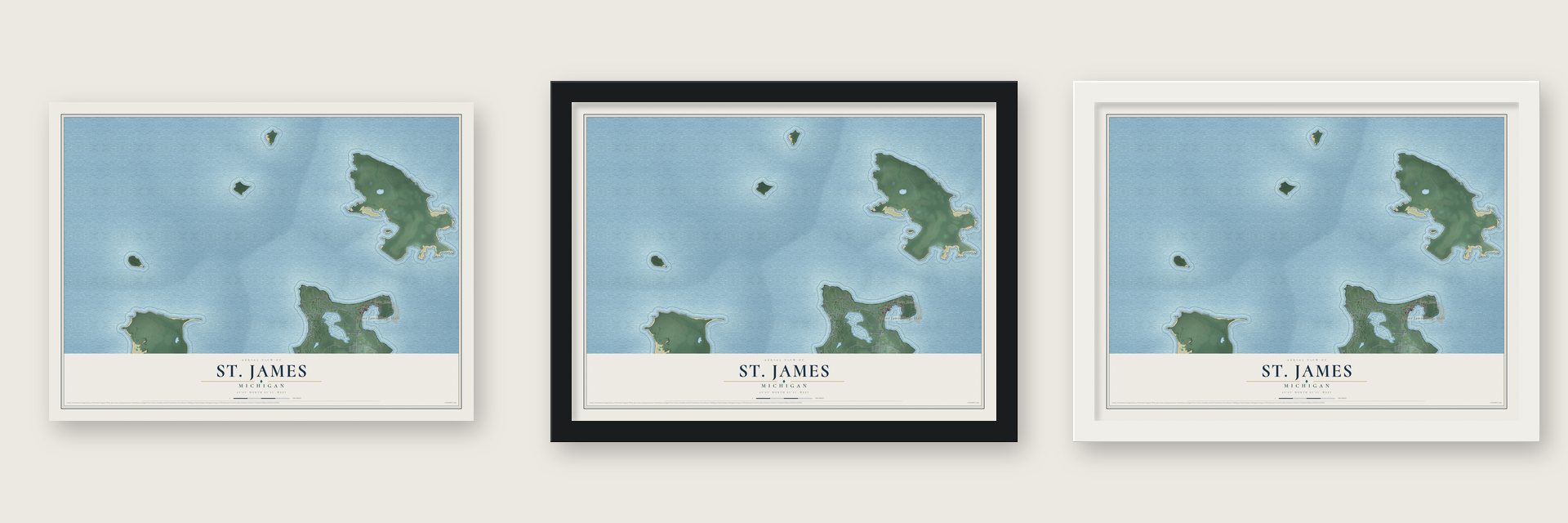 St. James, Michigan map unframed, in a black wood frame and in a white wood frame