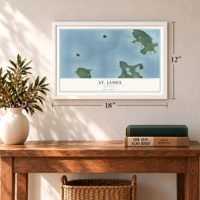 St. James, Michigan map, 12 x 18 inch print in a white frame in an entryway