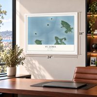 St. James, Michigan map, 18 x 24 inch print in a white frame in a home office