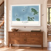 St. James, Michigan map, 24 x 36 inch print in a white frame above a dresser by a staircase