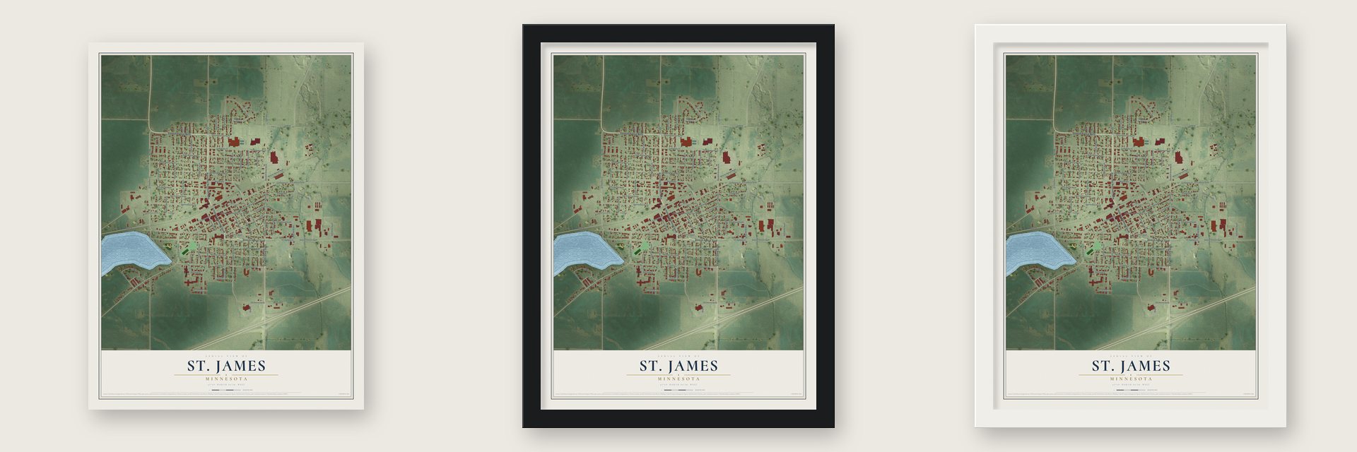 St. James, Minnesota map unframed, in a black wood frame and in a white wood frame