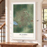 St. James, Minnesota map, 24 x 36 inch print in a white frame by a staircase