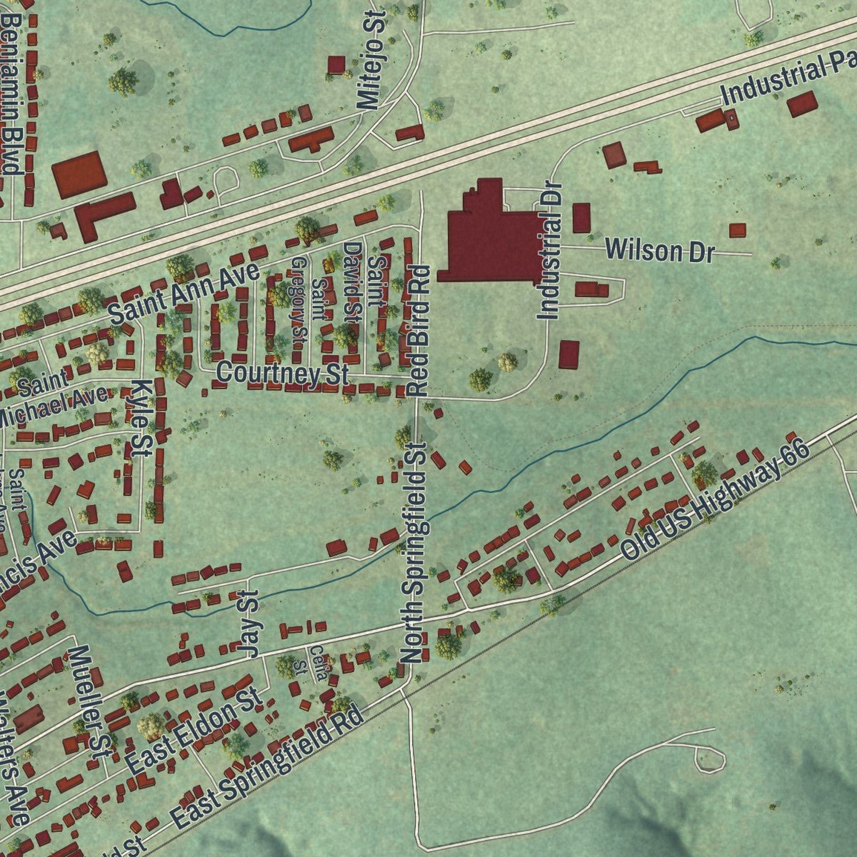 Second close-up of the map of St. James, Missouri print showing more streets and buildings