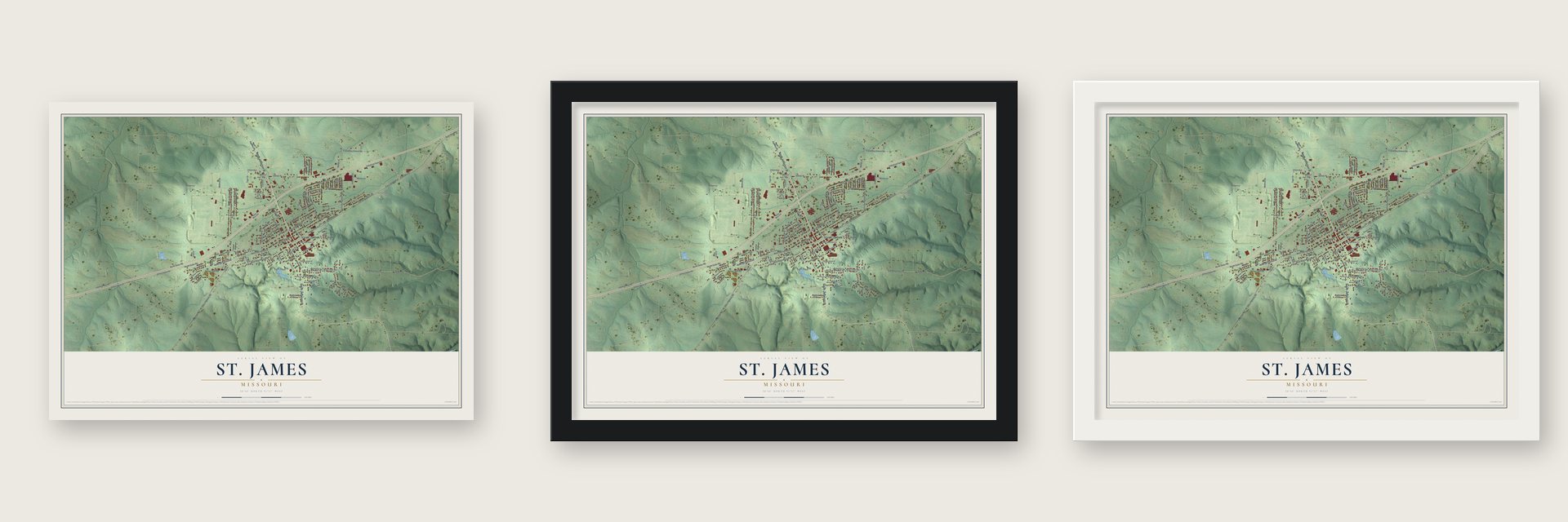 St. James, Missouri map unframed, in a black wood frame and in a white wood frame