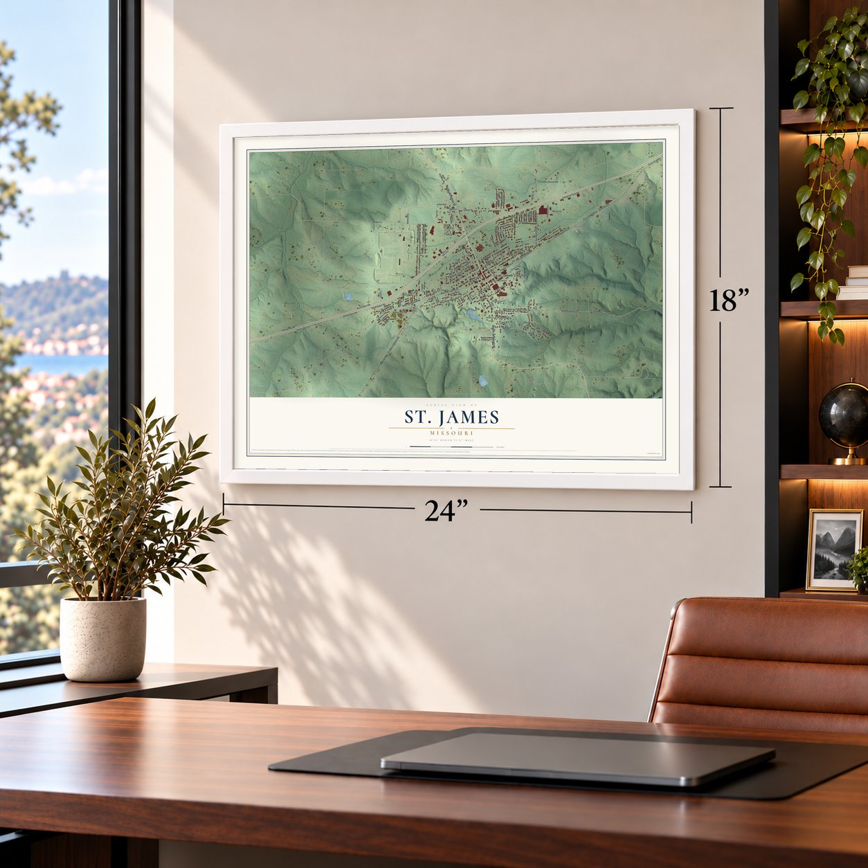 St. James, Missouri map, 18 x 24 inch print in a white frame in a home office