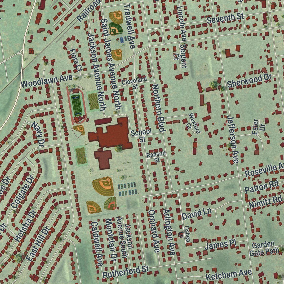 Second close-up of the map of St. James, New York print showing more streets and buildings