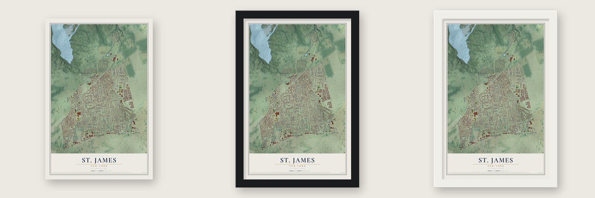 St. James, New York map unframed, in a black wood frame and in a white wood frame