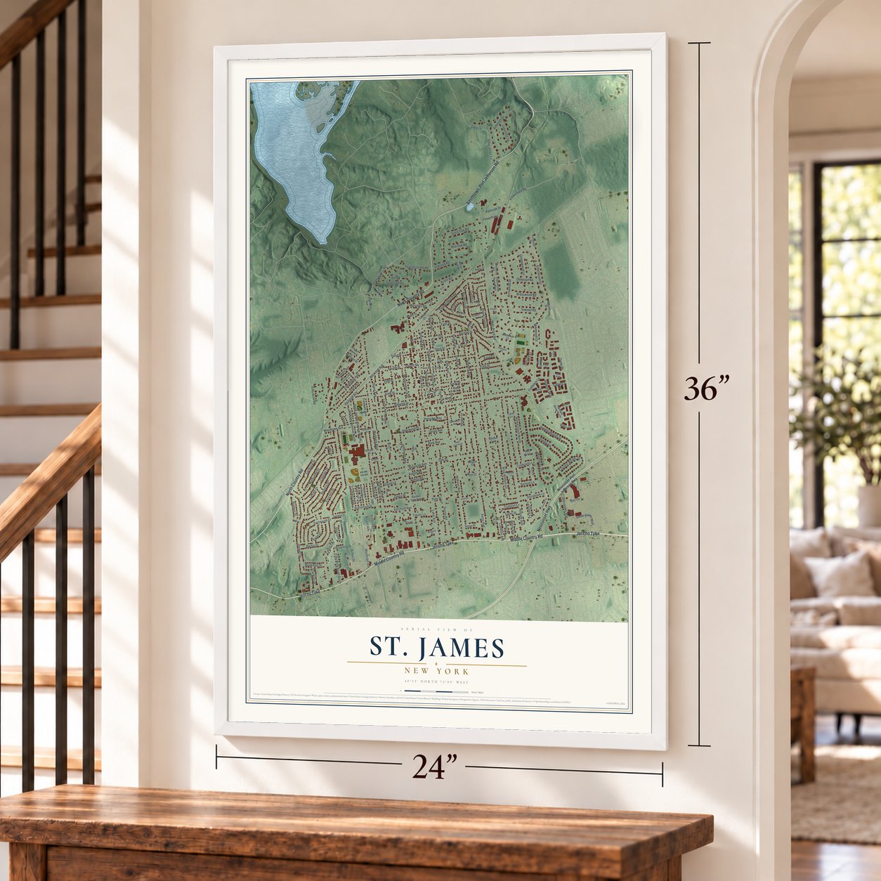 St. James, New York map, 24 x 36 inch print in a white frame by a staircase