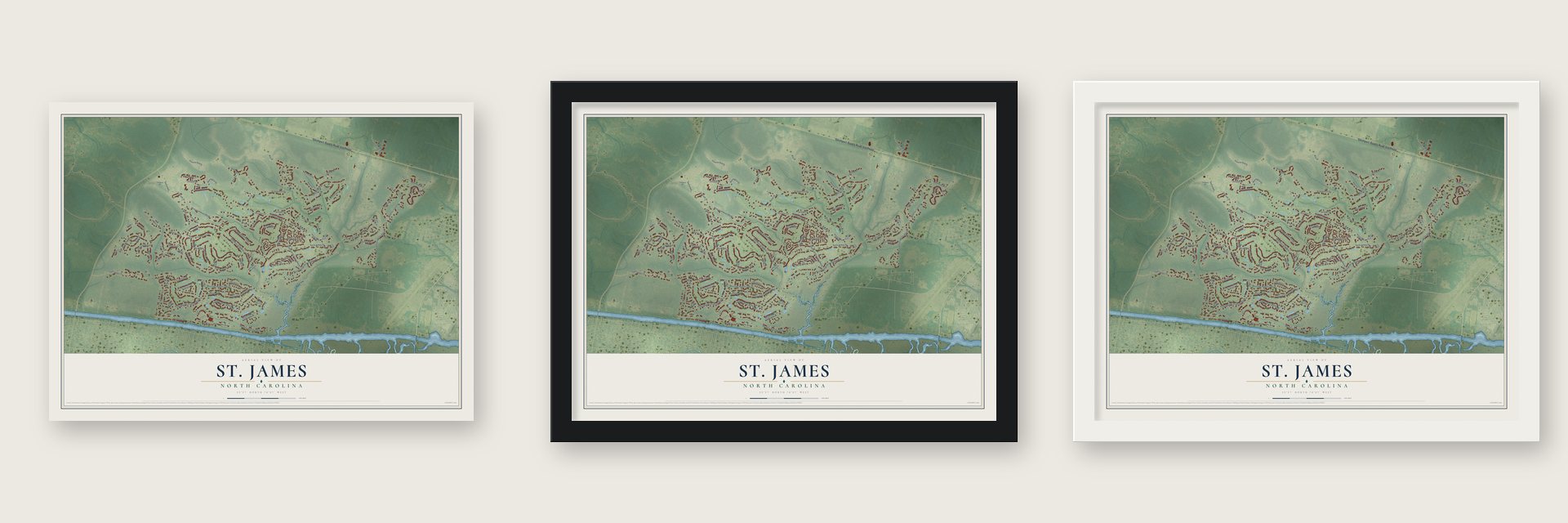 St. James, North Carolina map unframed, in a black wood frame and in a white wood frame