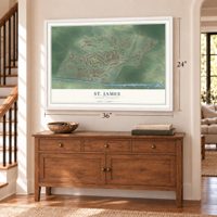 St. James, North Carolina map, 24 x 36 inch print in a white frame above a dresser by a staircase