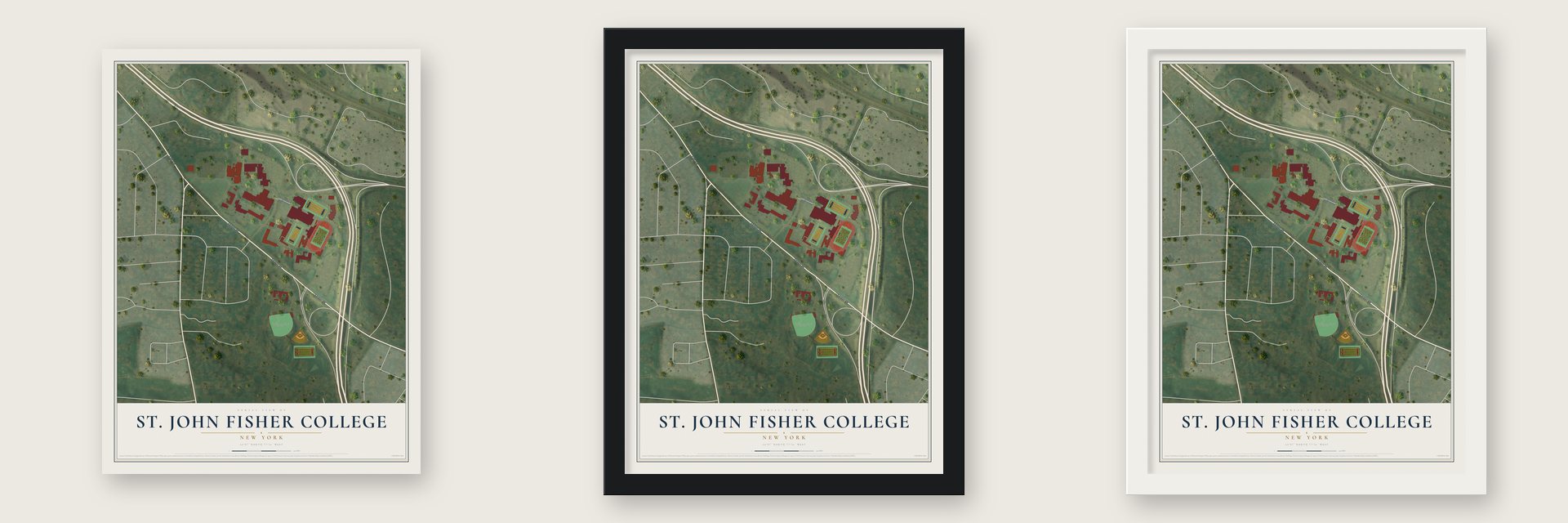 St. John Fisher College, New York map unframed, in a black wood frame and in a white wood frame