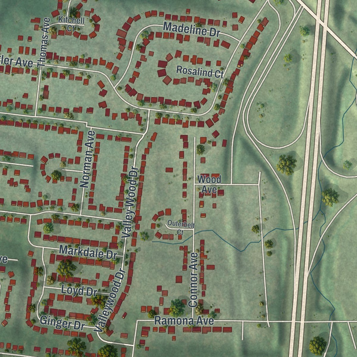 Second close-up of the map of St. John, Missouri print showing more streets and buildings