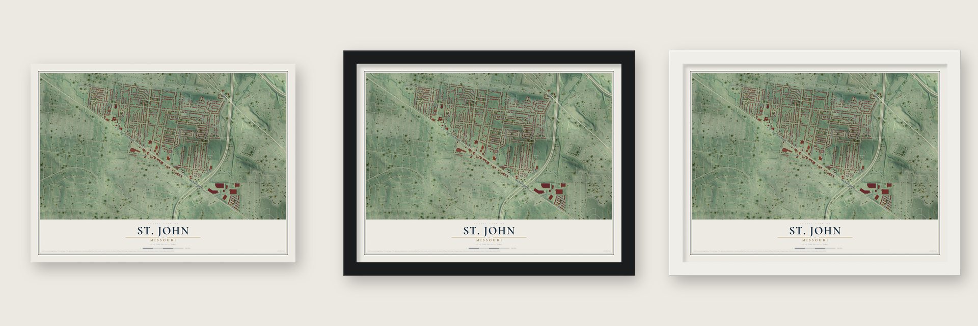 St. John, Missouri map unframed, in a black wood frame and in a white wood frame