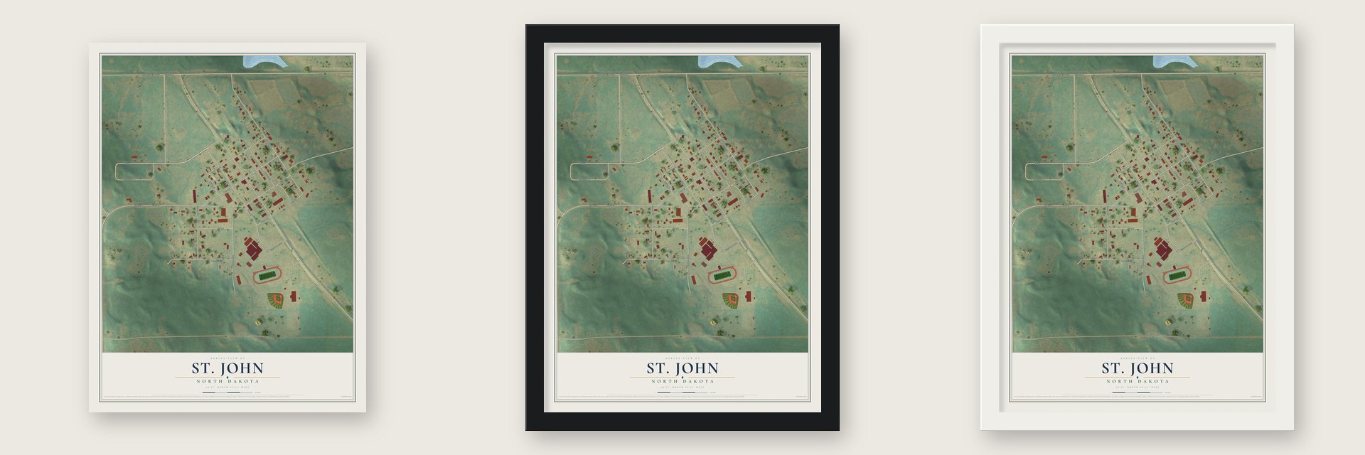 St. John, North Dakota map unframed, in a black wood frame and in a white wood frame