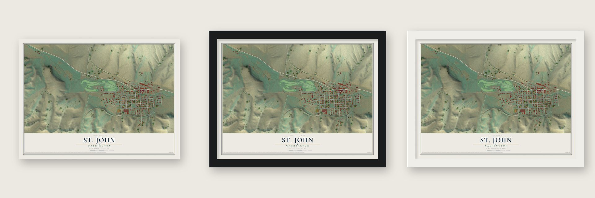 St. John, Washington map unframed, in a black wood frame and in a white wood frame