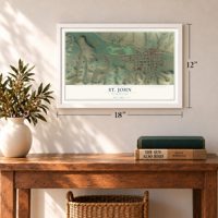 St. John, Washington map, 12 x 18 inch print in a white frame in an entryway