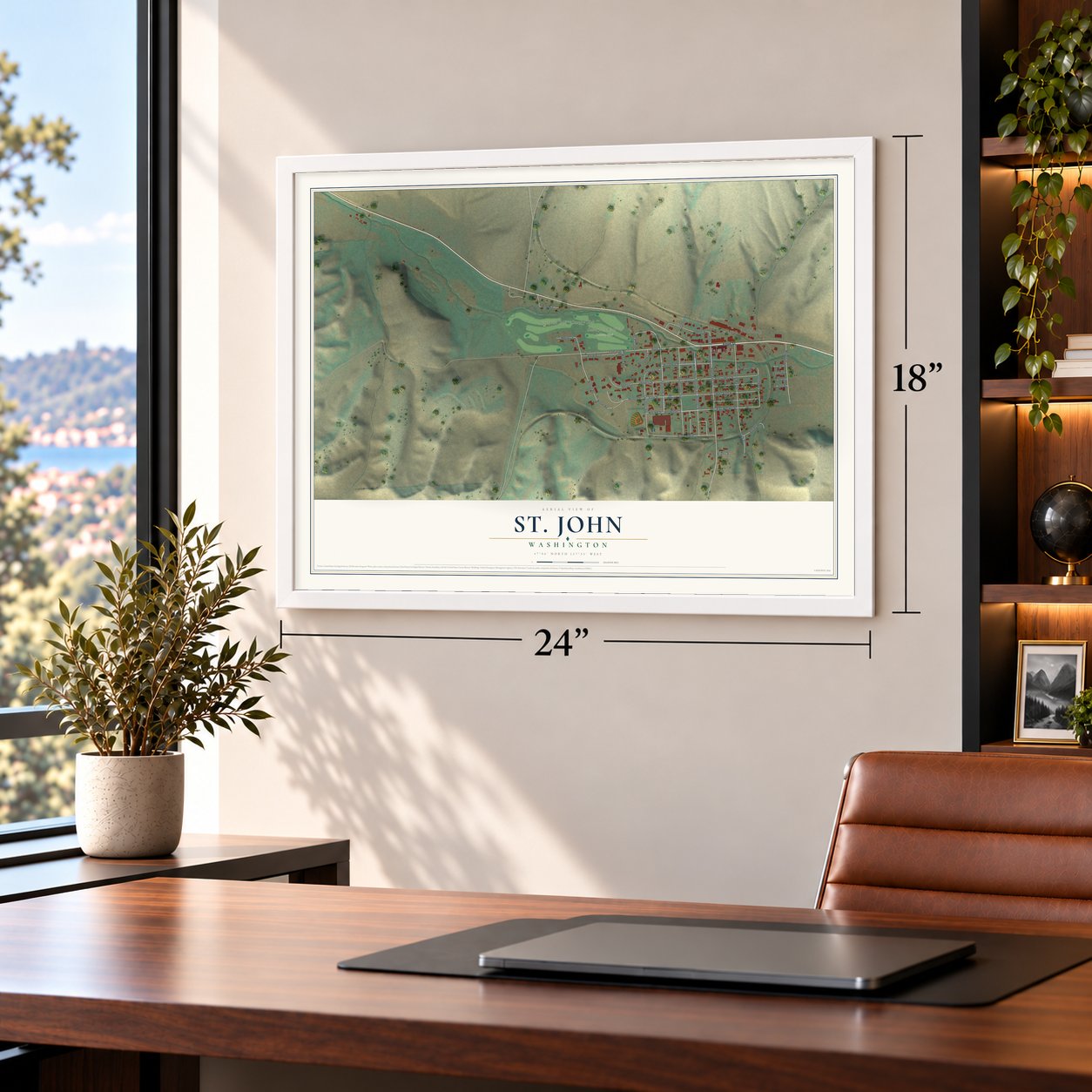 St. John, Washington map, 18 x 24 inch print in a white frame in a home office
