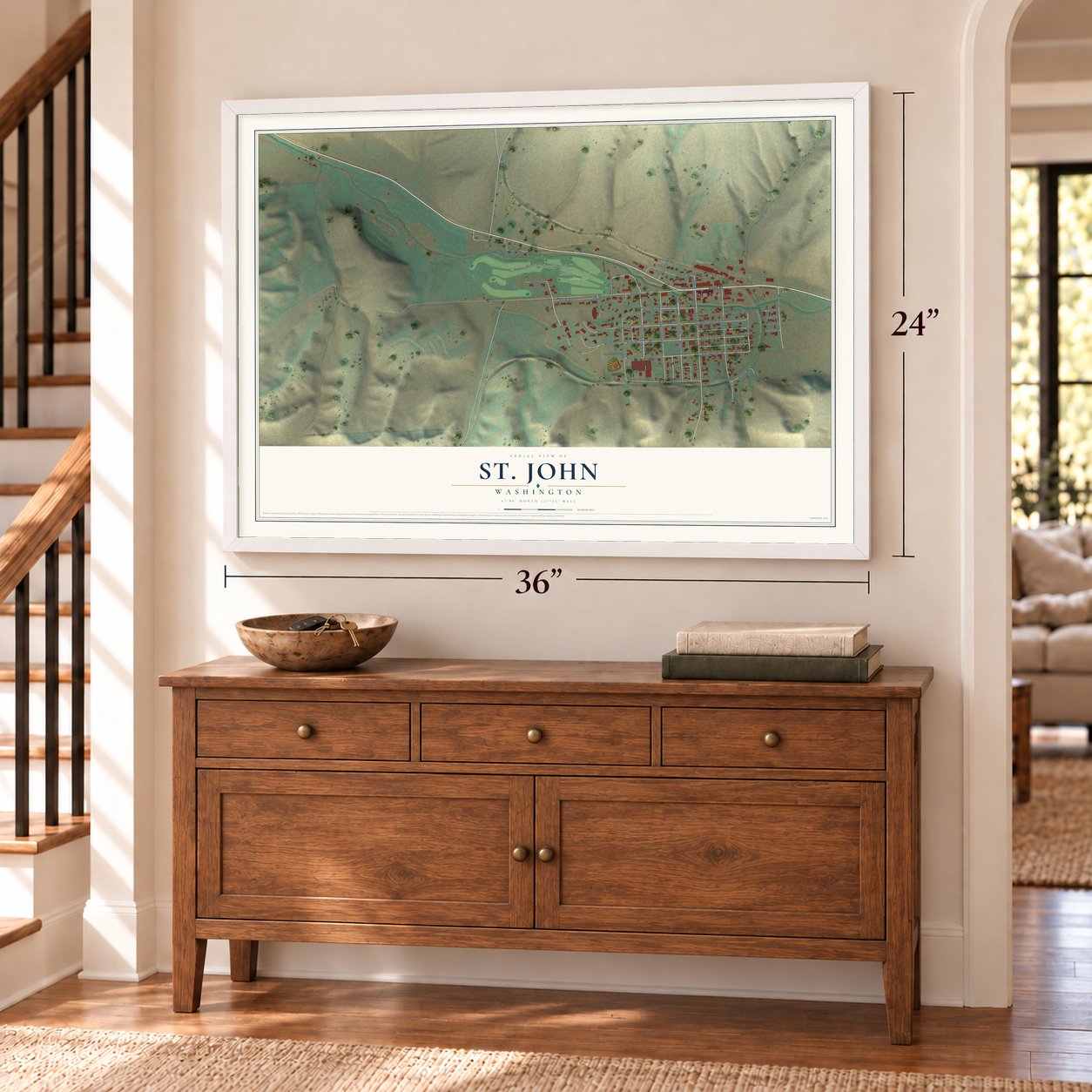St. John, Washington map, 24 x 36 inch print in a white frame above a dresser by a staircase