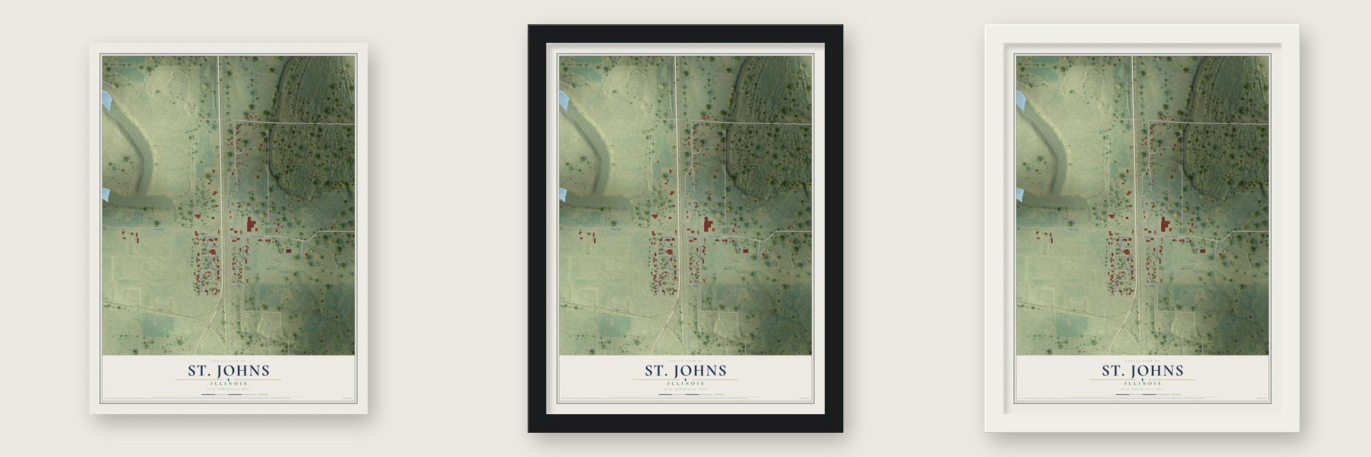 St. Johns, Illinois map unframed, in a black wood frame and in a white wood frame