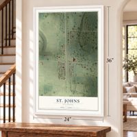 St. Johns, Illinois map, 24 x 36 inch print in a white frame by a staircase