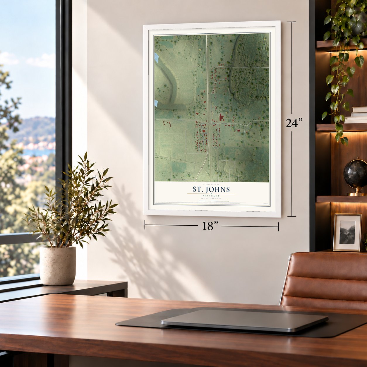 St. Johns, Illinois map, 18 x 24 inch print in a white frame in a home office