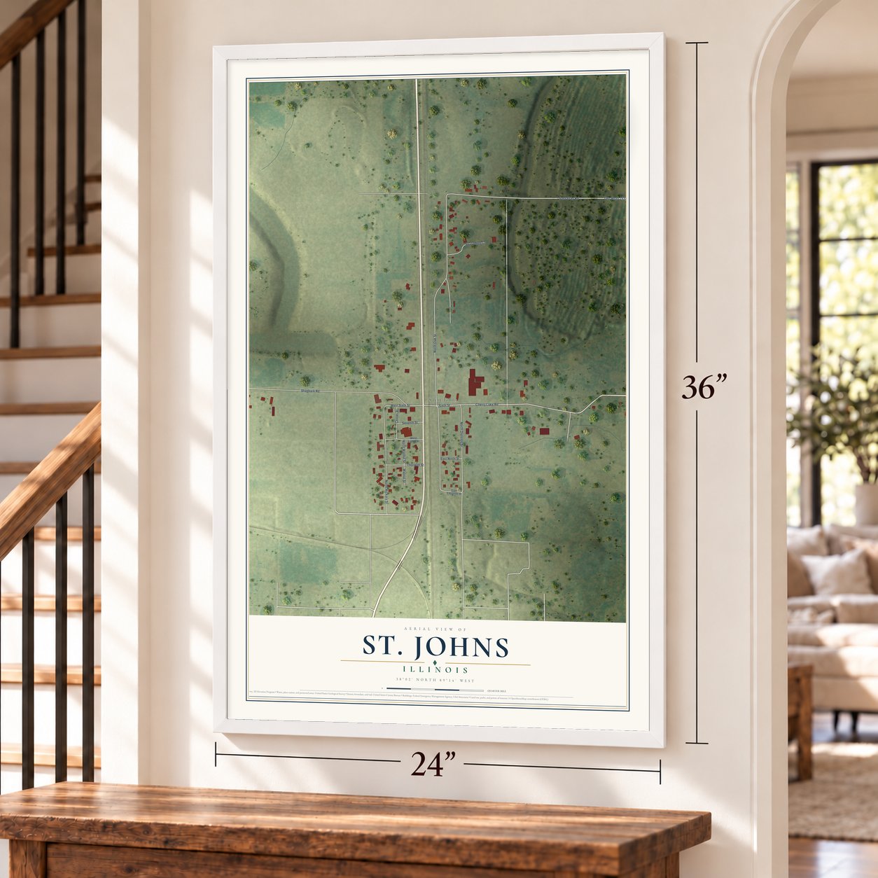 St. Johns, Illinois map, 24 x 36 inch print in a white frame by a staircase