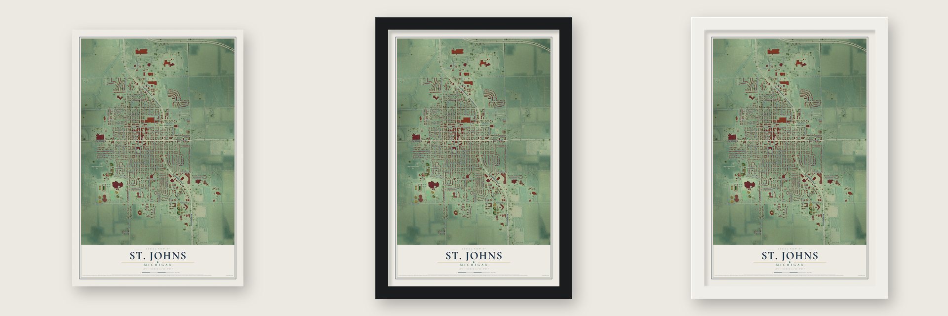 St. Johns, Michigan map unframed, in a black wood frame and in a white wood frame