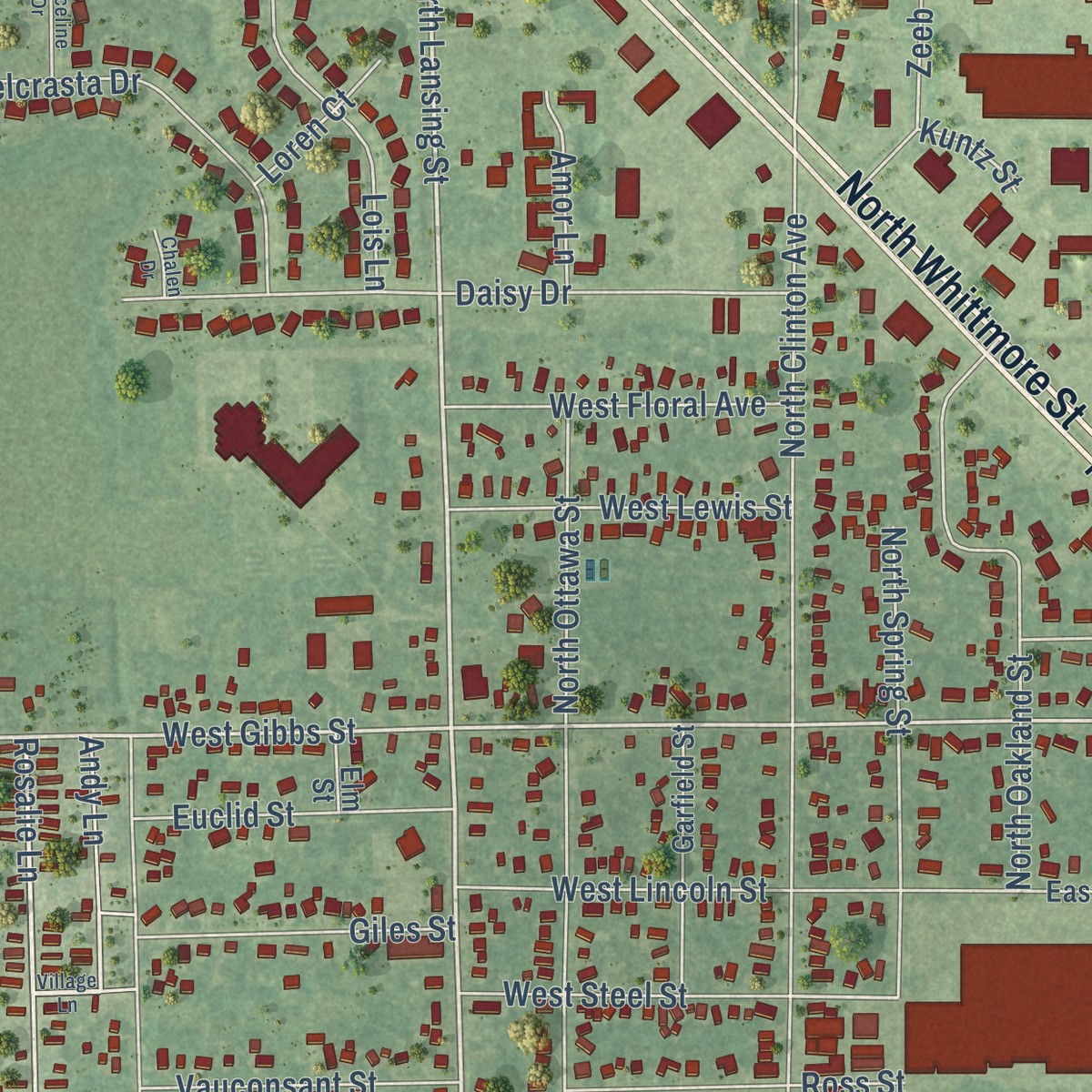 Second close-up of the map of St. Johns, Michigan print showing more streets and buildings