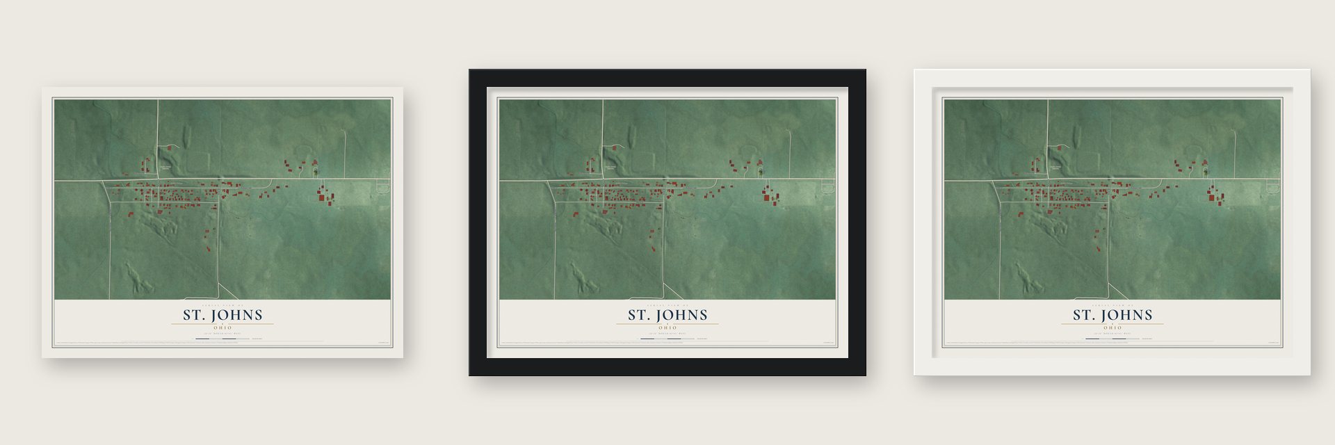 St. Johns, Ohio map unframed, in a black wood frame and in a white wood frame
