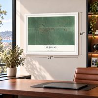 St. Johns, Ohio map, 18 x 24 inch print in a white frame in a home office