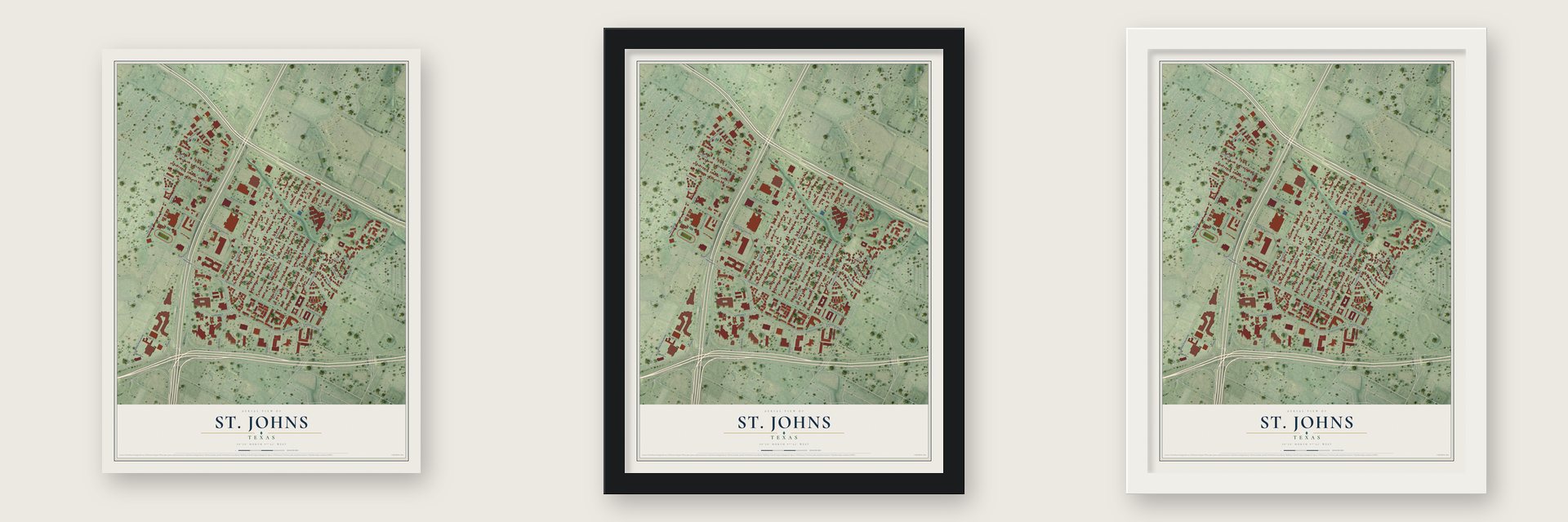 St. Johns, Texas map unframed, in a black wood frame and in a white wood frame