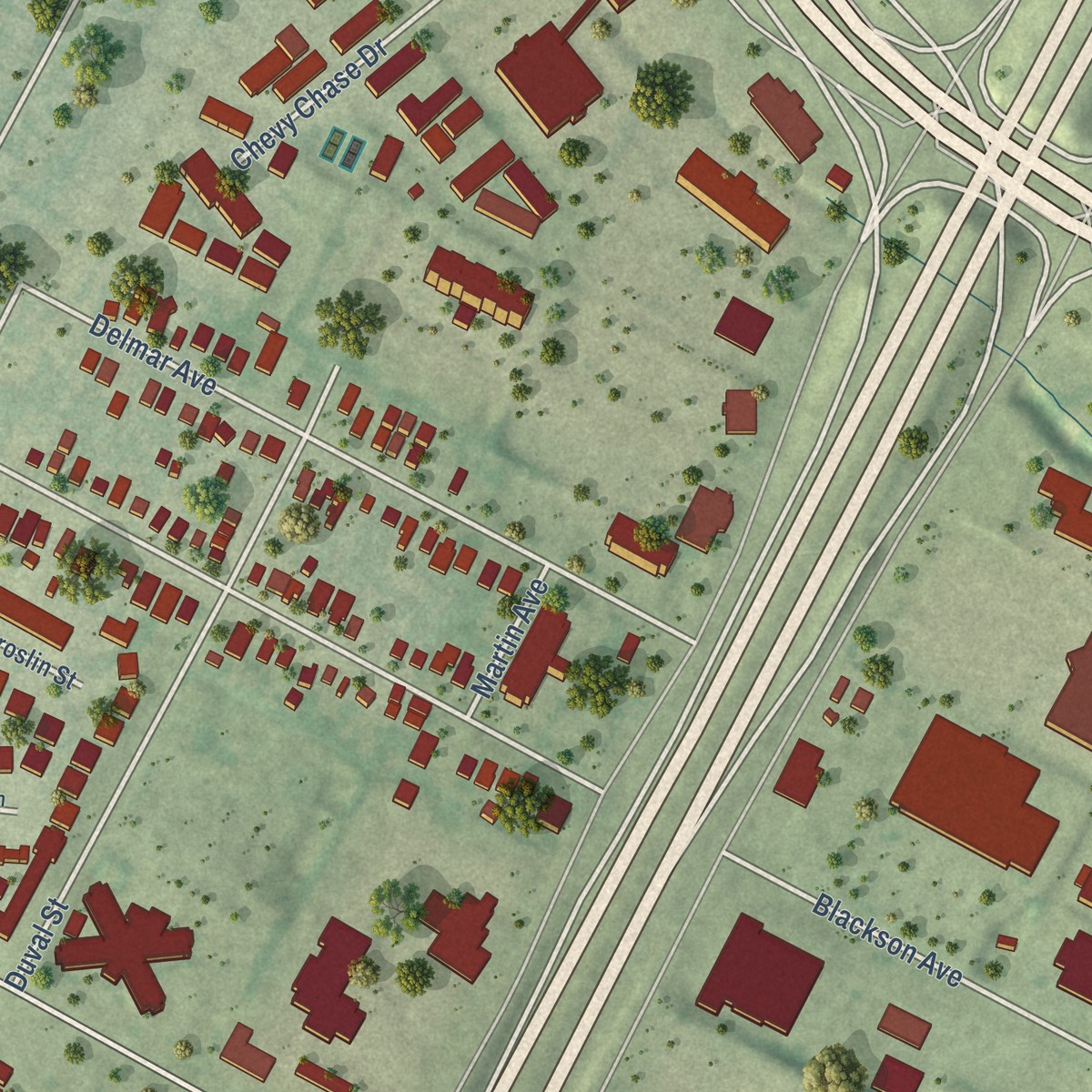 Second close-up of the map of St. Johns, Texas print showing more streets and buildings