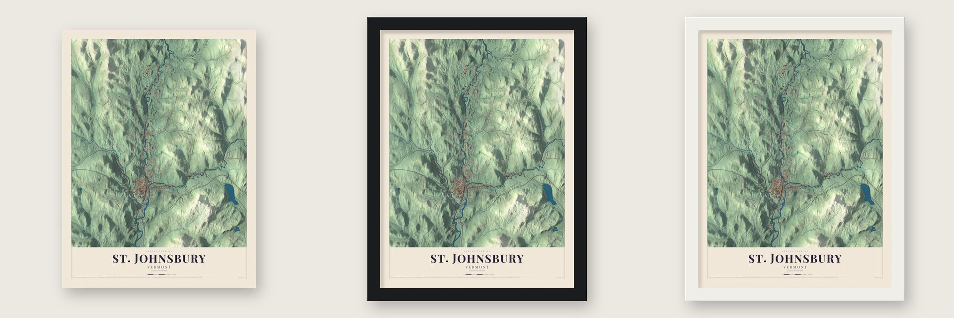 St. Johnsbury, Vermont map unframed, in a black wood frame and in a white wood frame