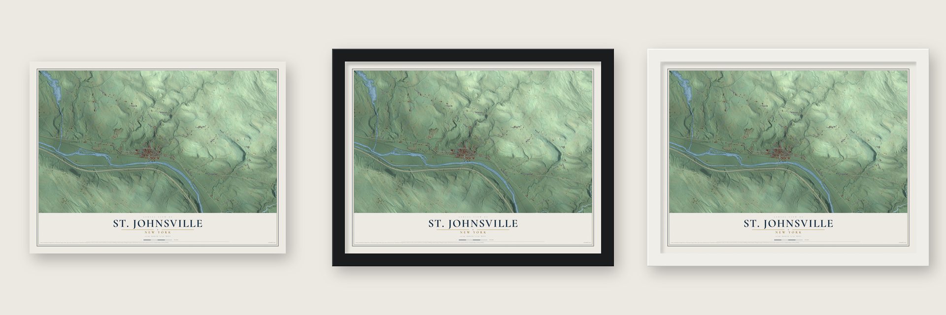 St. Johnsville, New York map unframed, in a black wood frame and in a white wood frame
