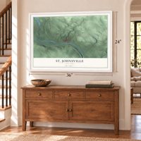 St. Johnsville, New York map, 24 x 36 inch print in a white frame above a dresser by a staircase