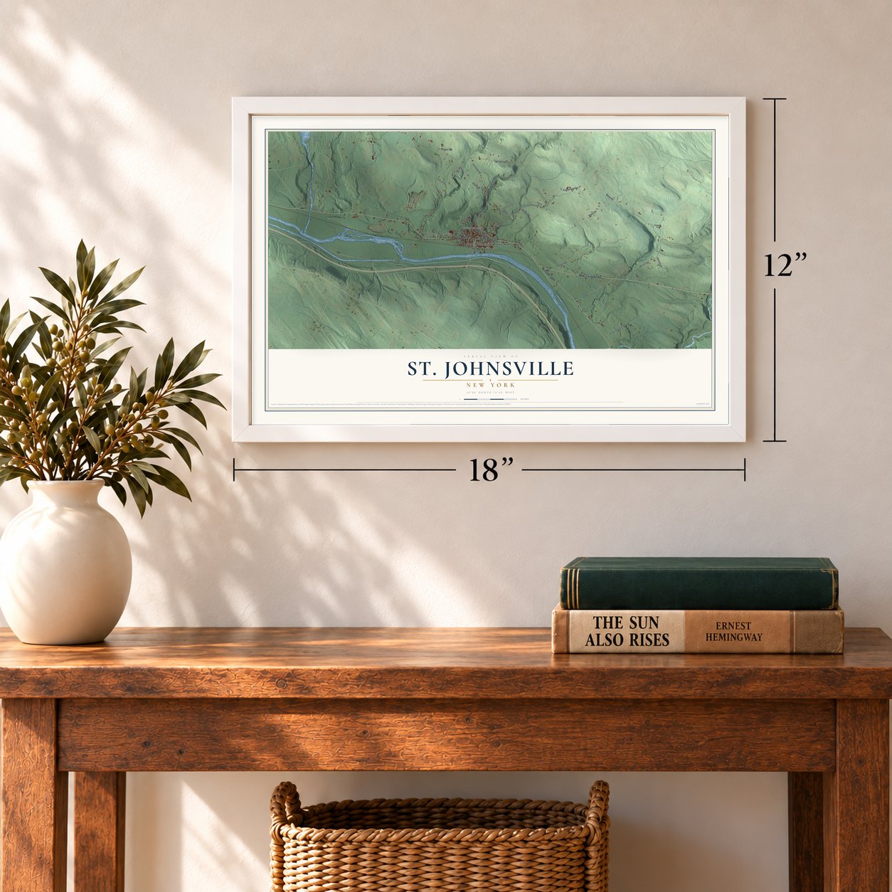 St. Johnsville, New York map, 12 x 18 inch print in a white frame in an entryway
