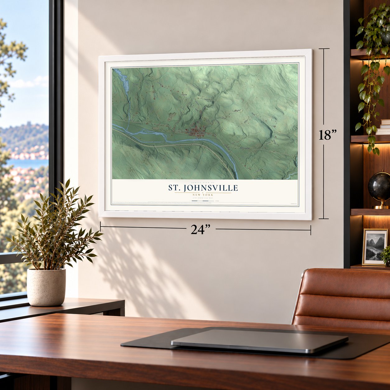 St. Johnsville, New York map, 18 x 24 inch print in a white frame in a home office