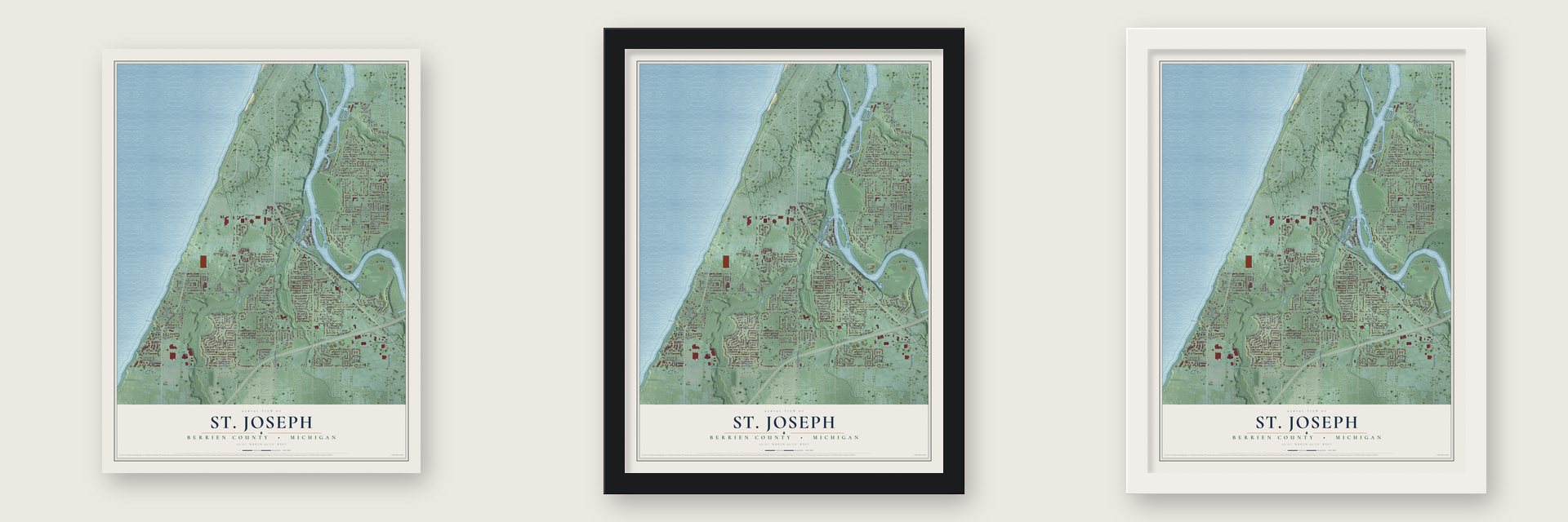 St. Joseph, Berrien County, Michigan map unframed, in a black wood frame and in a white wood frame