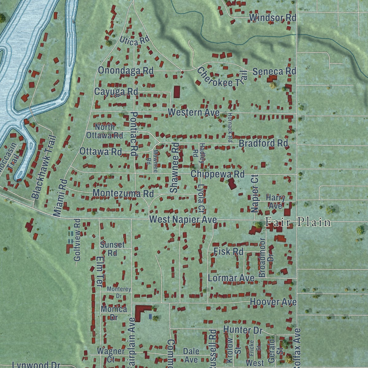 Second close-up of the map of St. Joseph, Berrien County, Michigan print showing more streets and buildings