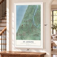 St. Joseph, Berrien County, Michigan map, 24 x 36 inch print in a white frame by a staircase