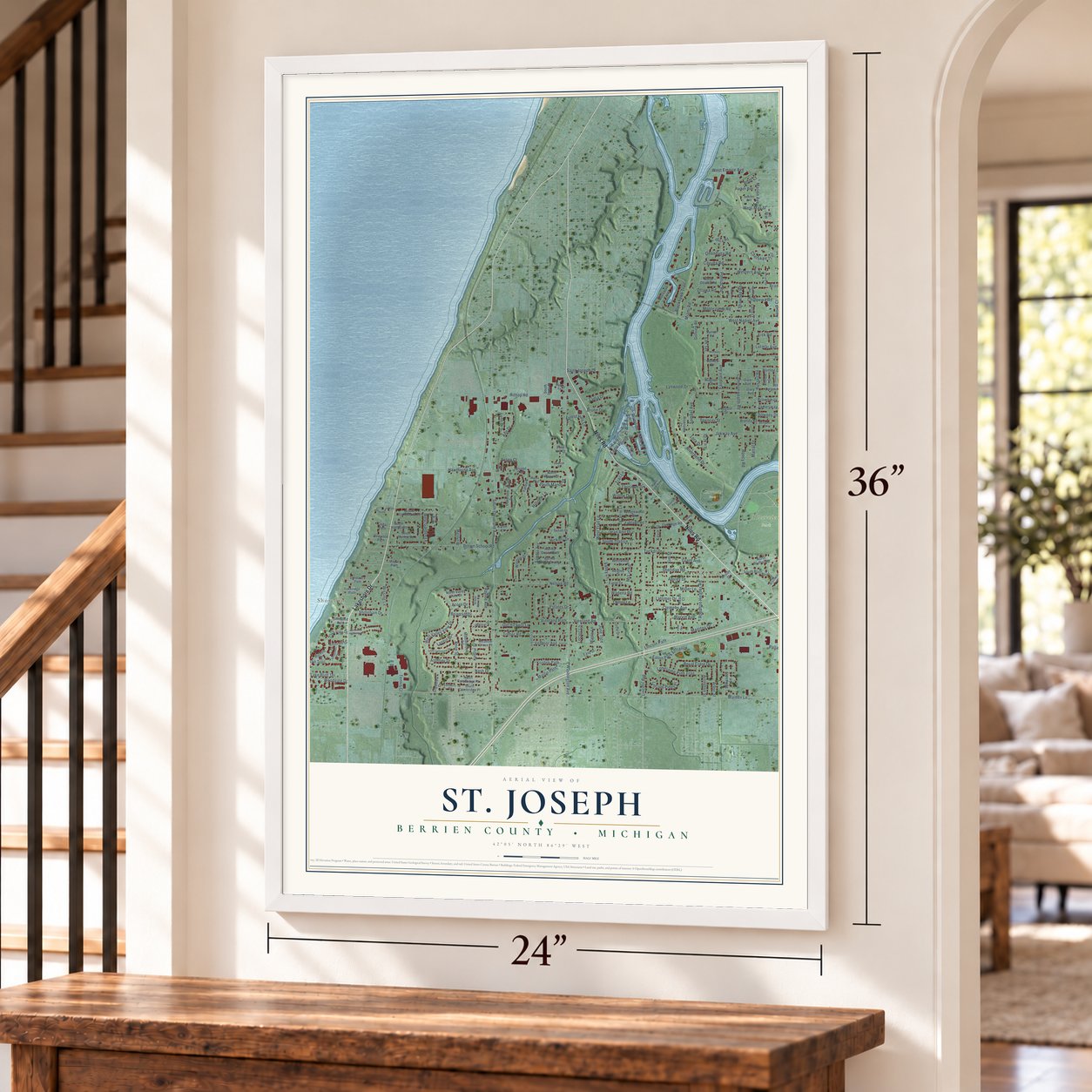 St. Joseph, Berrien County, Michigan map, 24 x 36 inch print in a white frame by a staircase