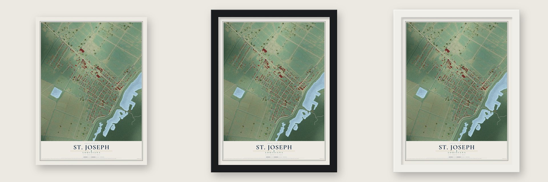 St. Joseph, Louisiana map unframed, in a black wood frame and in a white wood frame