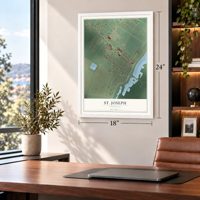 St. Joseph, Louisiana map, 18 x 24 inch print in a white frame in a home office