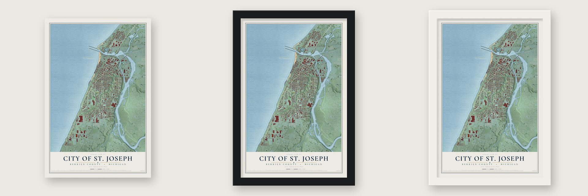 St. Joseph, Michigan map unframed, in a black wood frame and in a white wood frame
