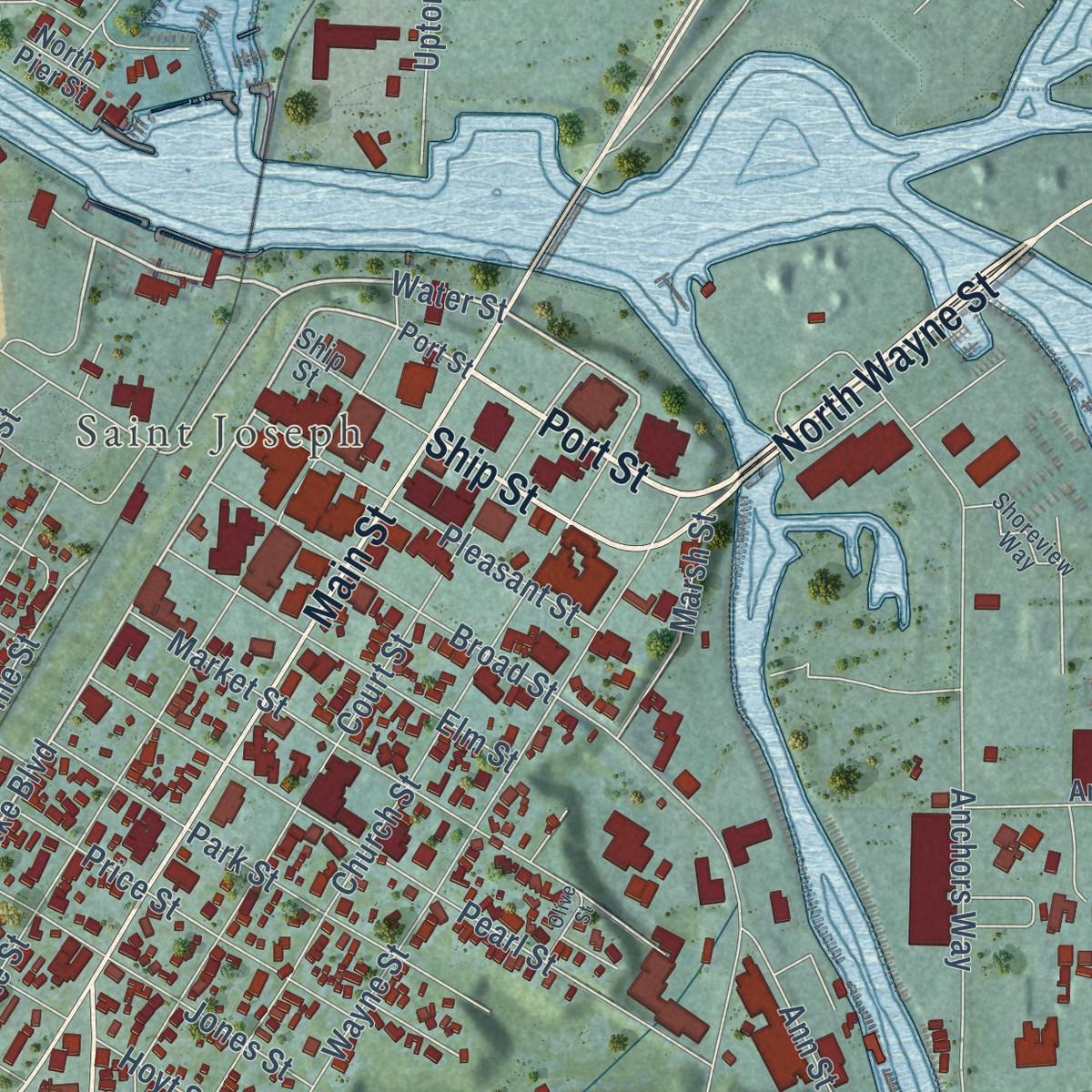 Second close-up of the map of St. Joseph, Michigan print showing more streets and buildings