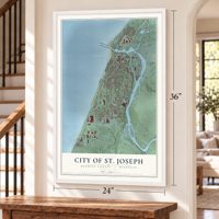 St. Joseph, Michigan map, 24 x 36 inch print in a white frame by a staircase