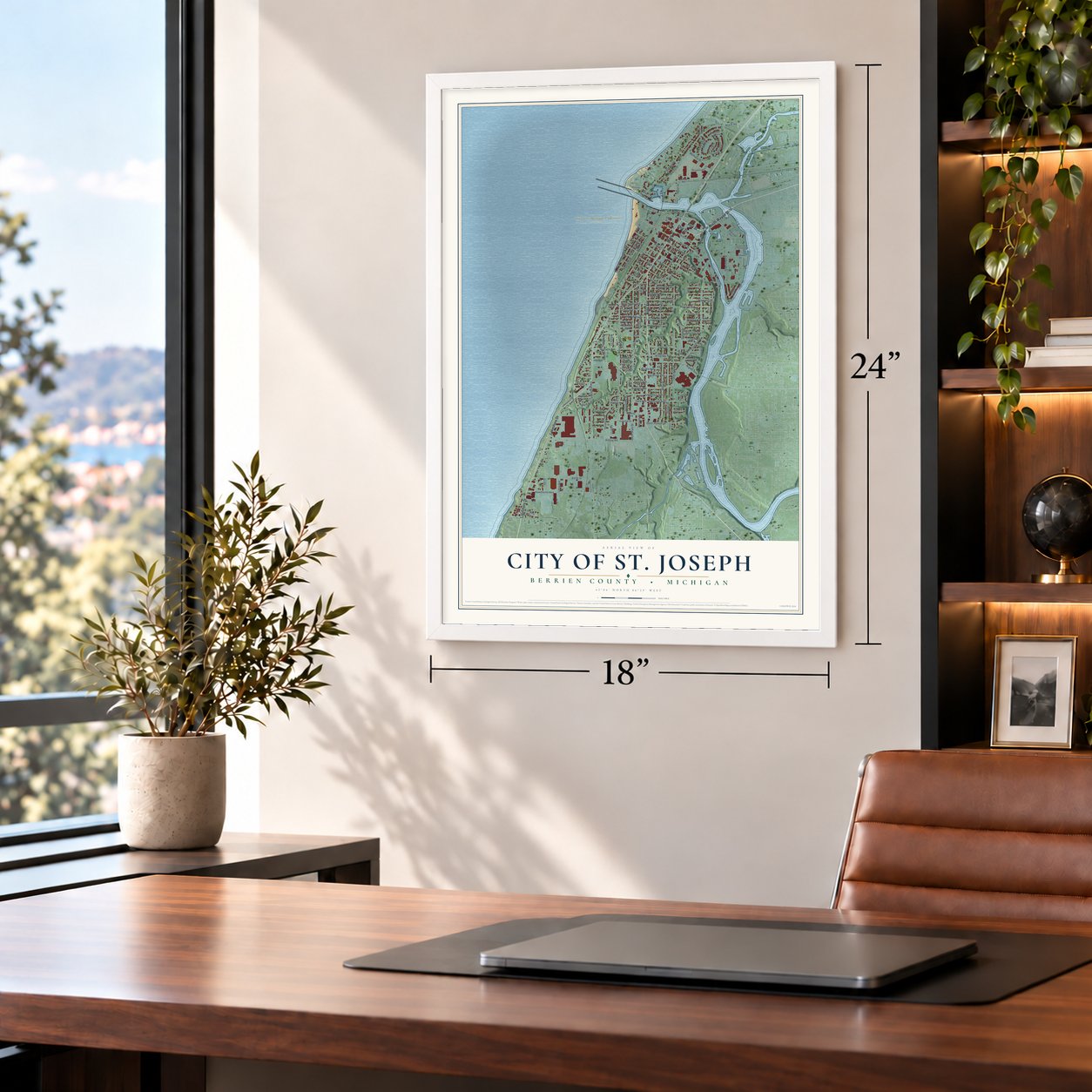 St. Joseph, Michigan map, 18 x 24 inch print in a white frame in a home office
