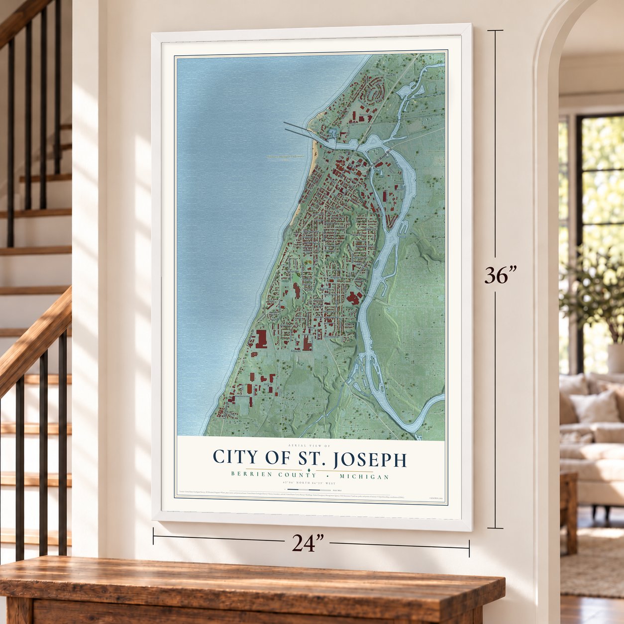St. Joseph, Michigan map, 24 x 36 inch print in a white frame by a staircase