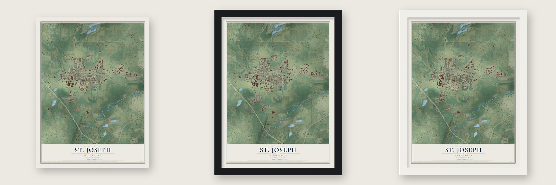 St. Joseph, Minnesota map unframed, in a black wood frame and in a white wood frame